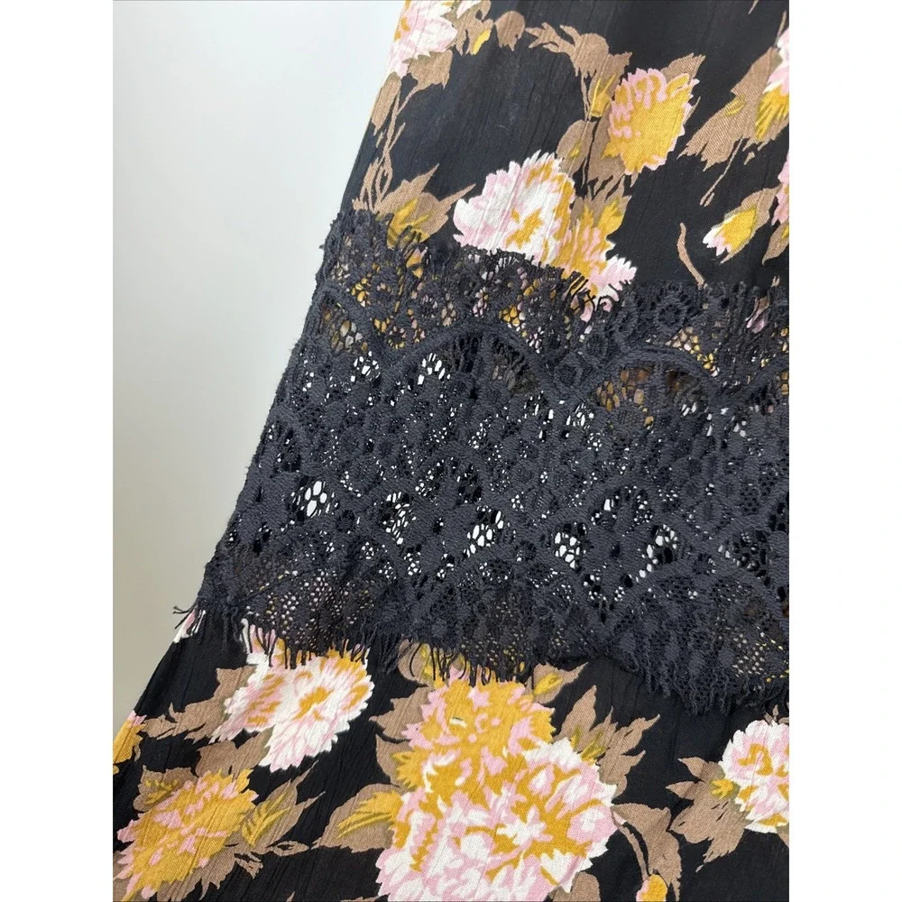 Angie Women's Maxi Black Floral Crochet Lace Boho Peasant Chic Career Skirt Sz S